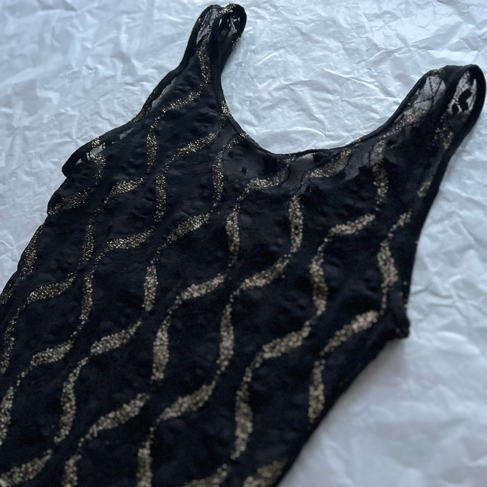 VTG 80s S sheer lace jumpsuit bodycon gold wavy lines disco small roller skating - Picture 7 of 13